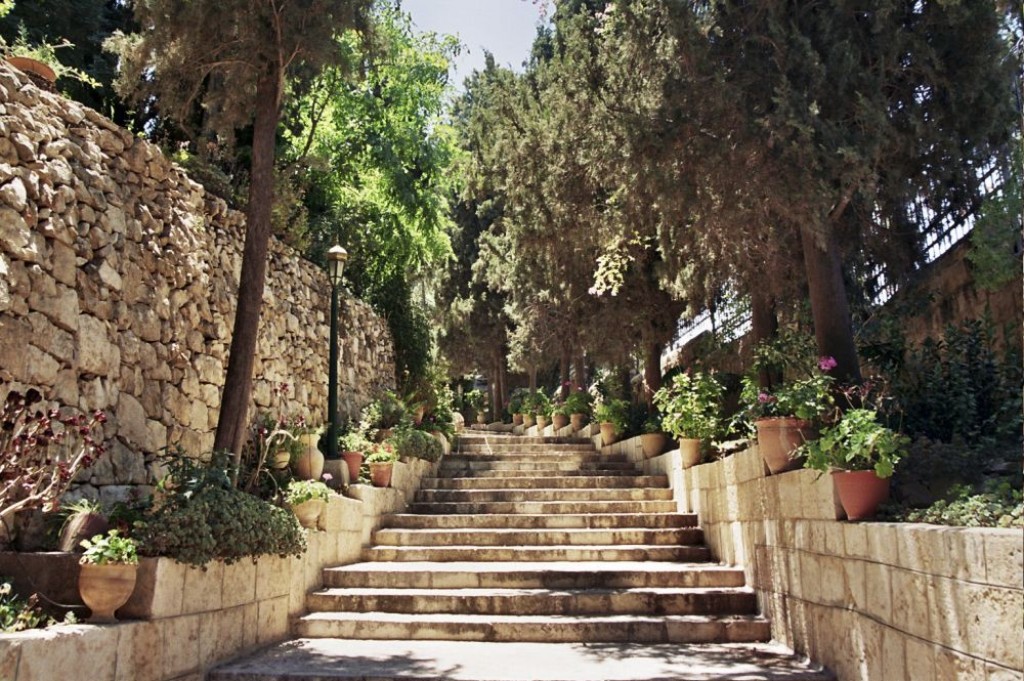 Steps lined with flower pots lead up to the Russian Orthodox Church of Mary Magdelene on the Mount of Olives in Jerusalem.